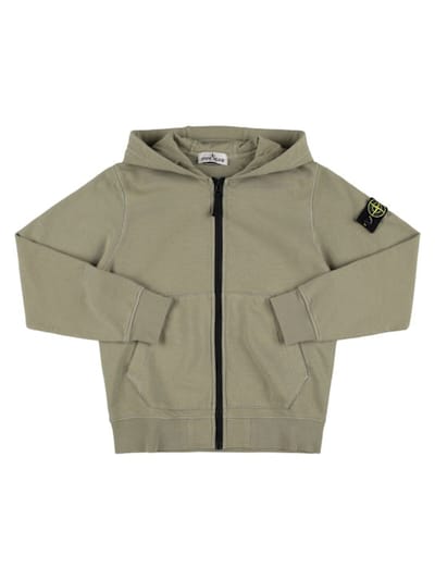 Stone Island Junior - 棉质平纹针织拉链开合连帽卫衣