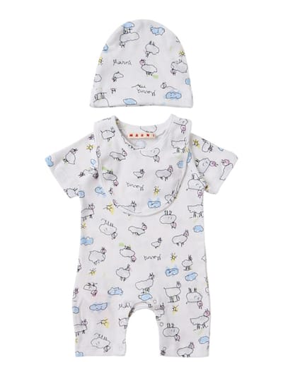 Marni Junior - 棉质标志连体衣、帽子和围嘴