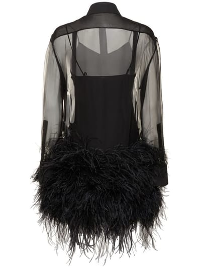 Valentino: Abito chemisier in seta con piume