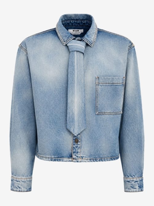 MSGM: Cropped denim shirt with tie