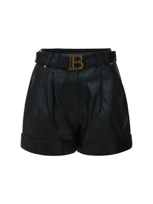 Balmain: 高腰系腰带皮革短裤
