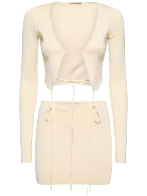 Aya Muse: Ribbed knit mini dress with ties