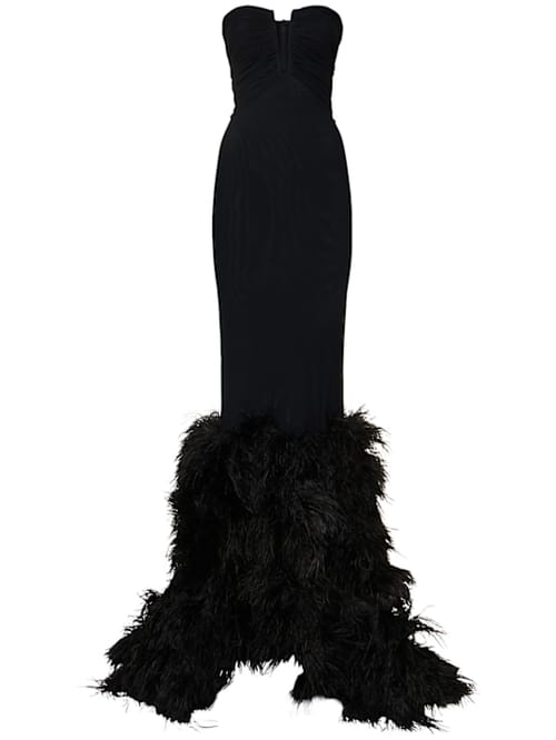David Koma: Abito lungo strapless con piume