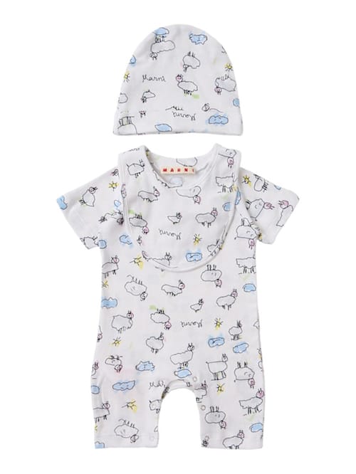 Marni Junior: 棉质标志连体衣、帽子和围嘴