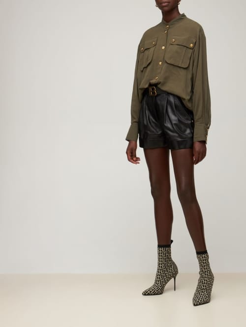 Balmain: 高腰系腰带皮革短裤