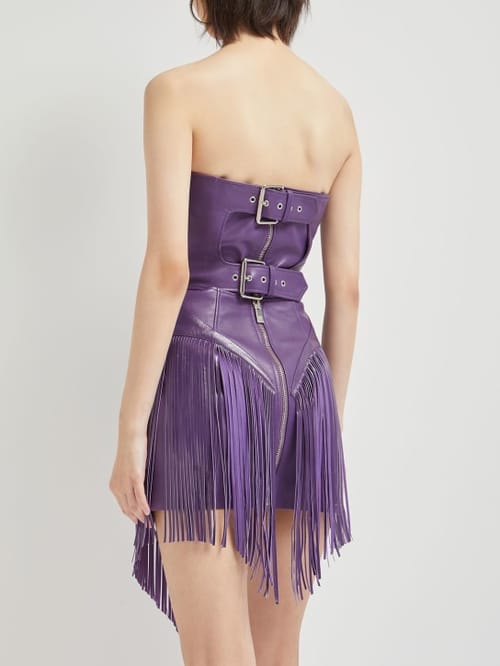Versace: Minivestido de piel de cordero con flecos