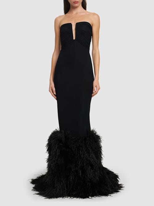 David Koma: Abito lungo strapless con piume