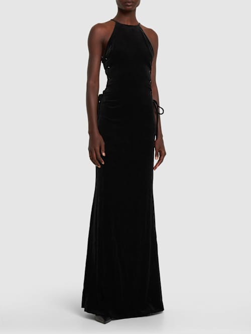 Alessandra Rich: Vestido largo de terciopelo con lazada