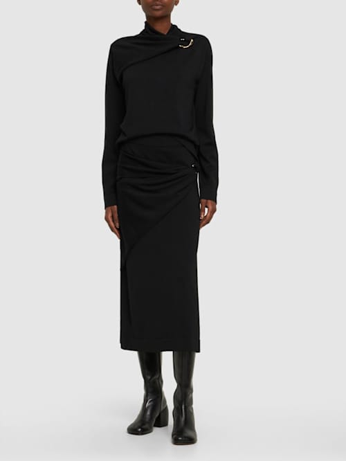 Jil Sander: 圆环细节羊毛针织垂褶迷笛半身裙