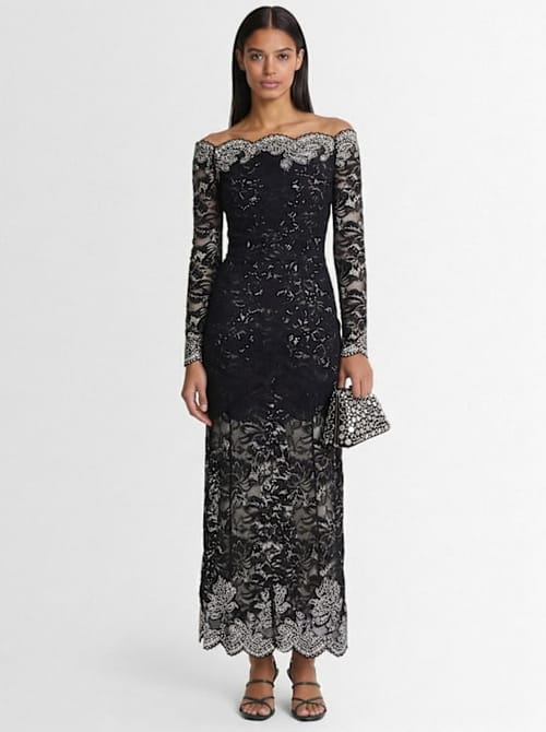 Rabanne: Off-the-shoulder long dress with studs