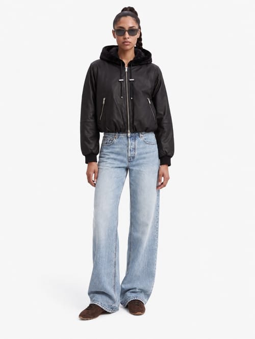 Moose Knuckles: Leather bomber jacket with hood
