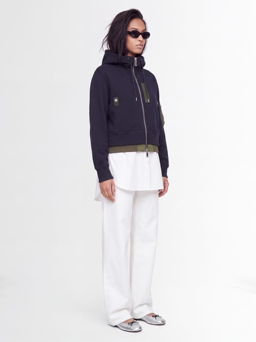 Sacai: 经典海绵运动衫 X 尼龙斜纹连帽衫