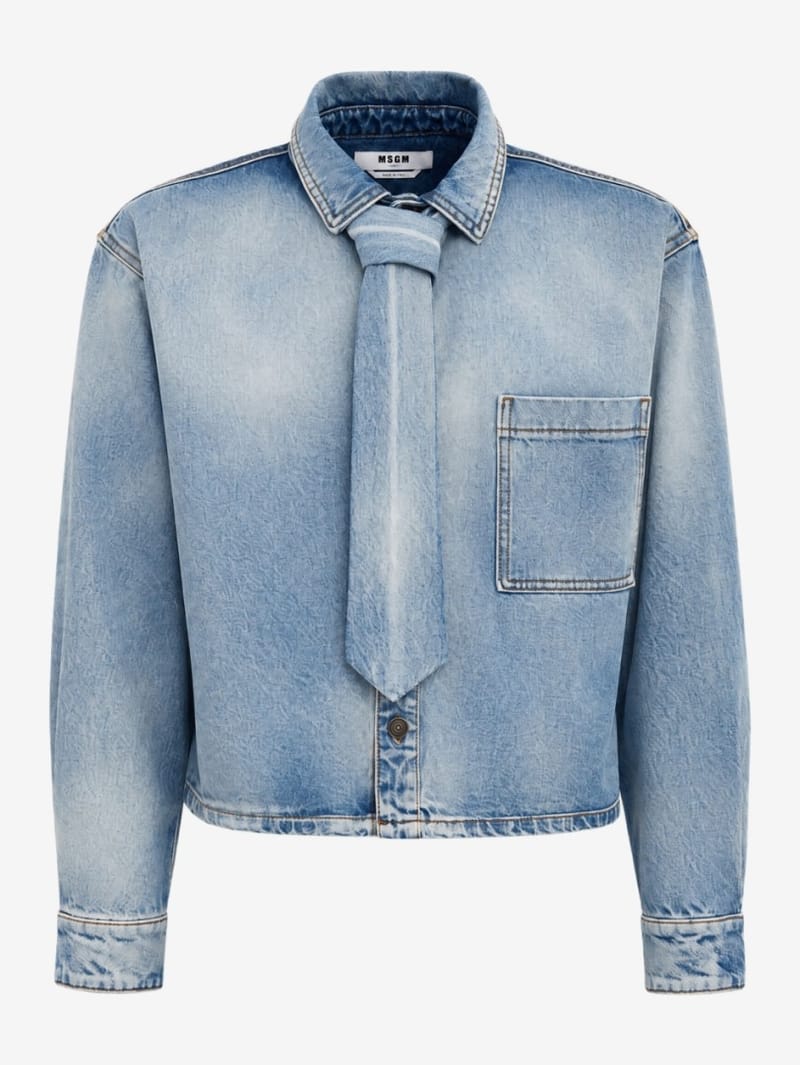 MSGM: Cropped denim shirt with tie