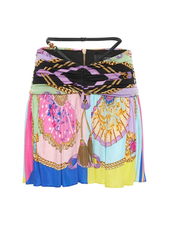 Versace: 扇子印花打褶粘胶纤维迷你短裙