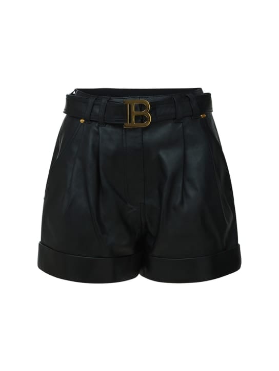 Balmain: 高腰系腰带皮革短裤