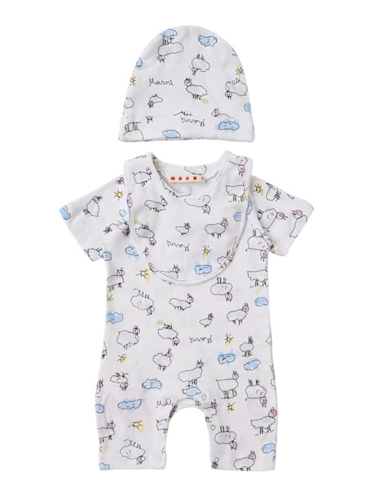 Marni Junior: 棉质标志连体衣、帽子和围嘴