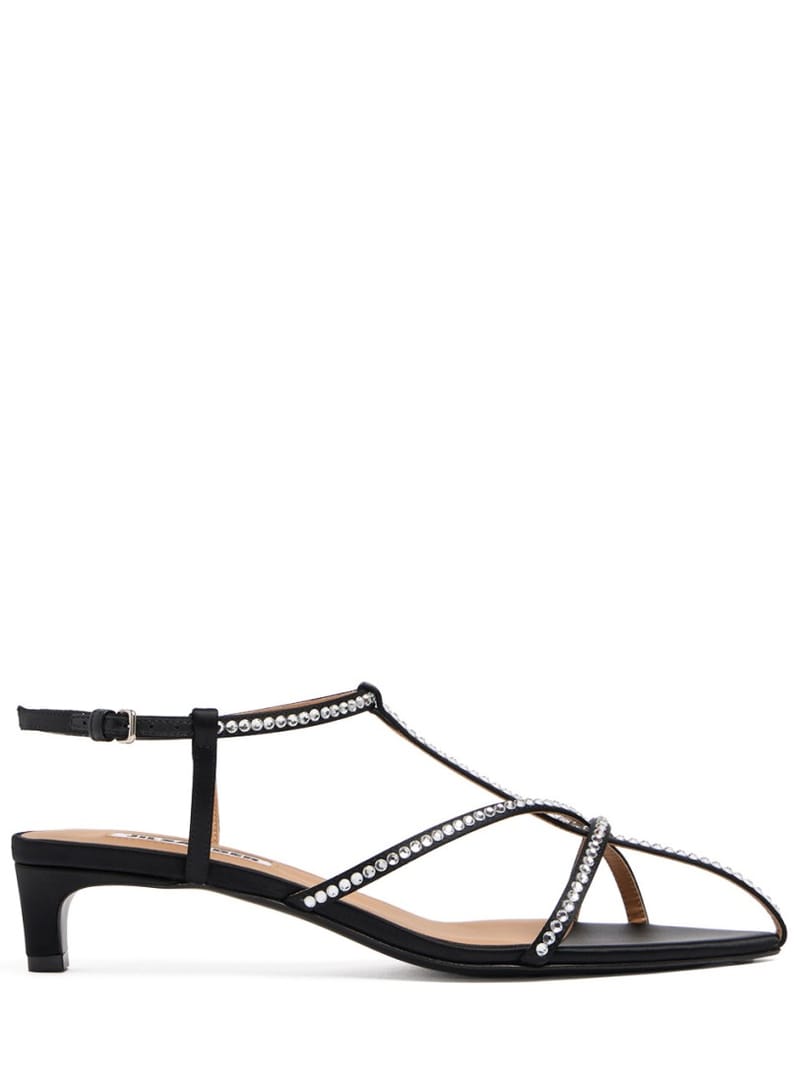 Jil Sander: Cage-Sandalen aus Satin mit Kristallverzierung