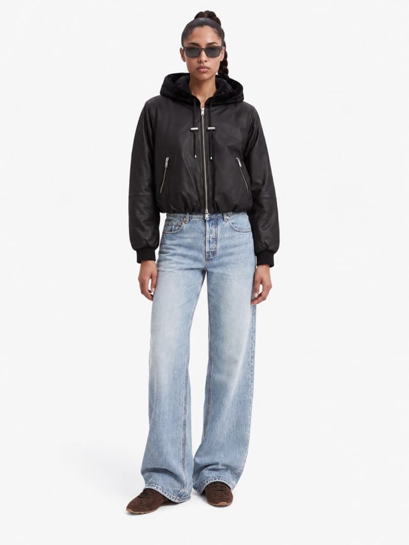 Moose Knuckles: Leather bomber jacket with hood