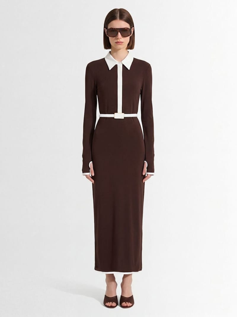 ROWEN ROSE: Abito midi polo in cotone con cintura