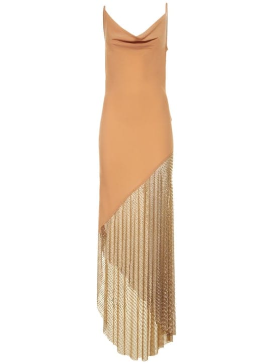 Asymmetric long dress with crystals