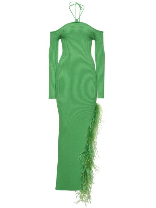 Virgin wool maxi dress with feathers
