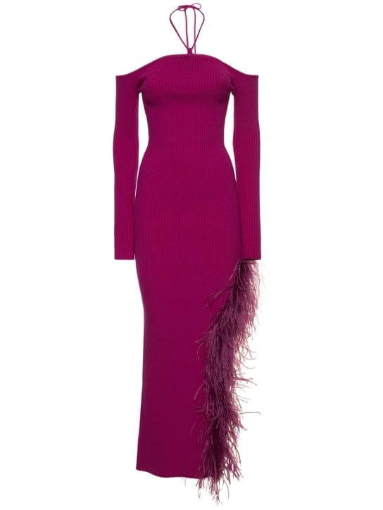 Virgin wool maxi dress with feathers