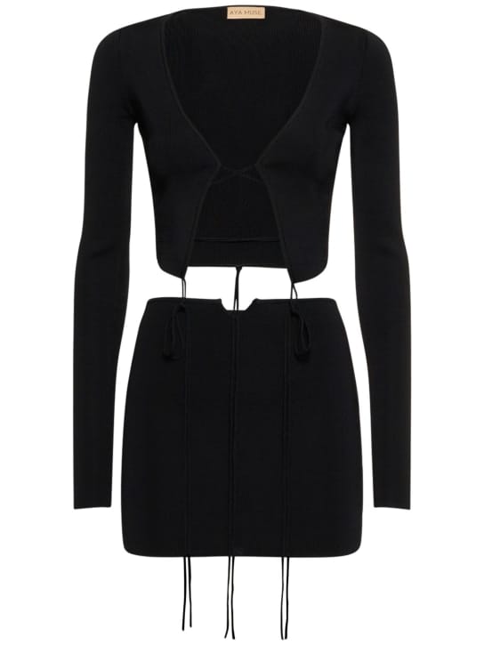 Ribbed knit mini dress with ties