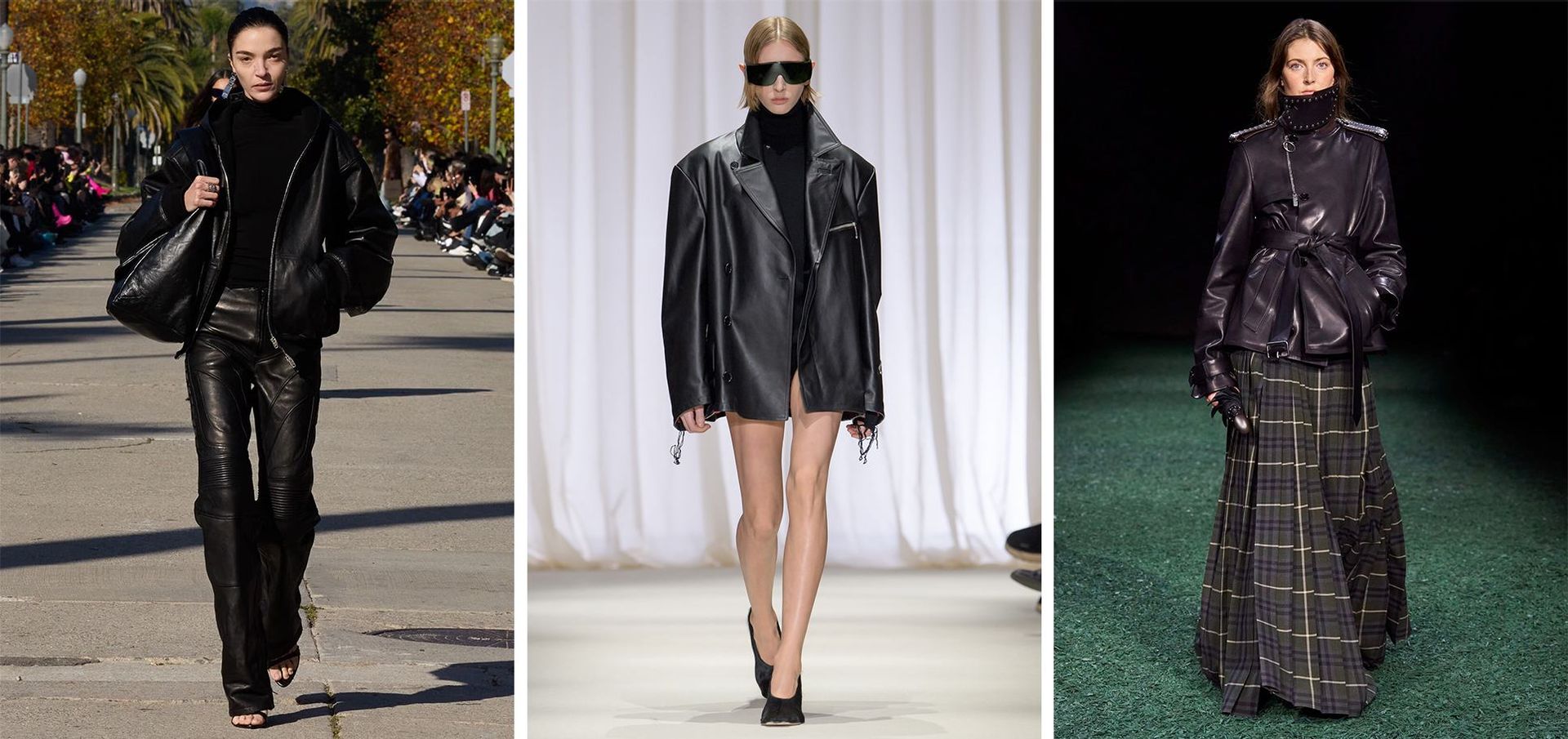 Collage of 3 runway images of models wearing various leather jackets on the runway