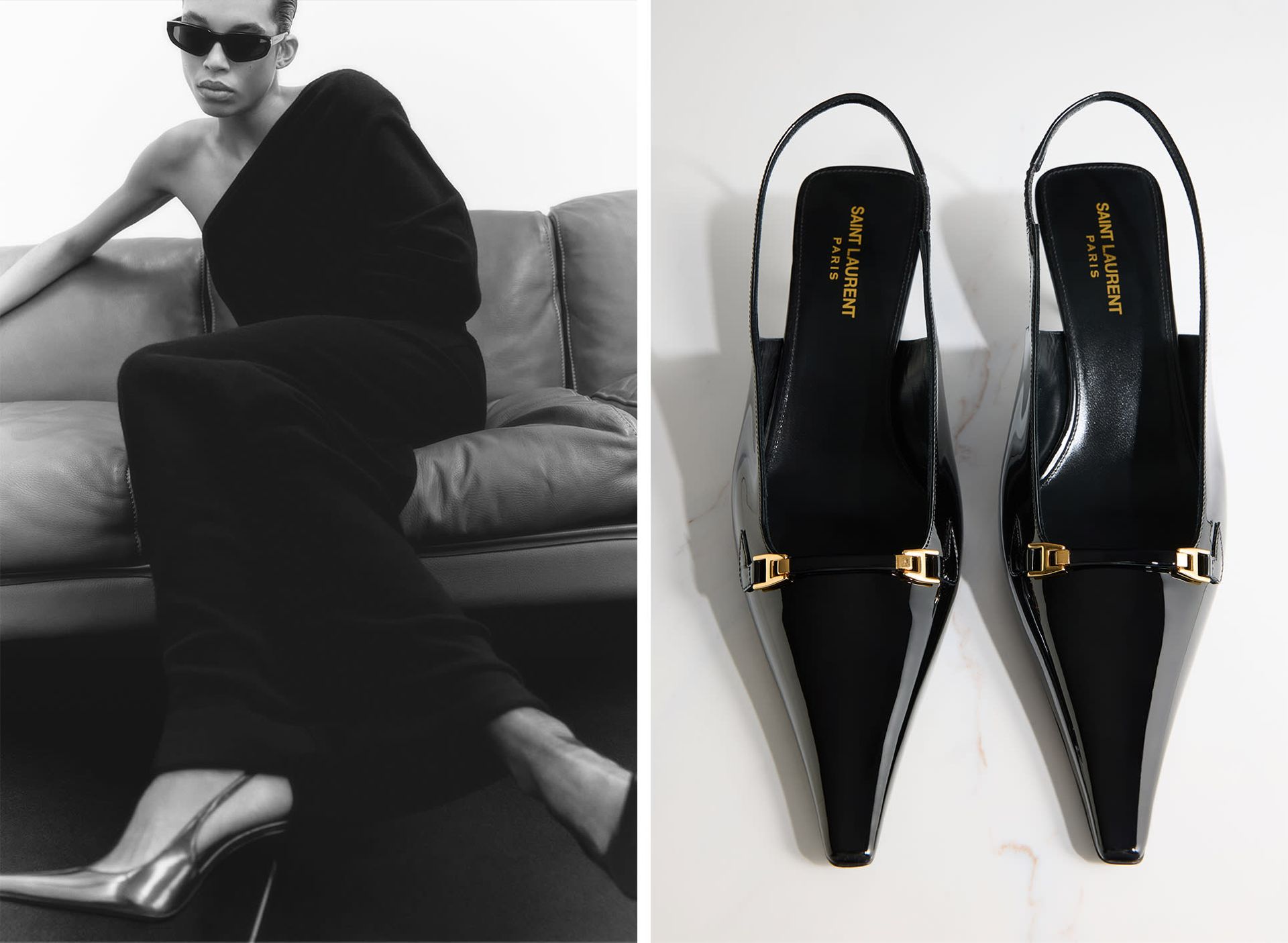 Model sitting on couch with black one-shoulder long dress, sunglasses and black leather slingback heels, close-up of Saint Laurent black leather slingback heels with gold buckle detail