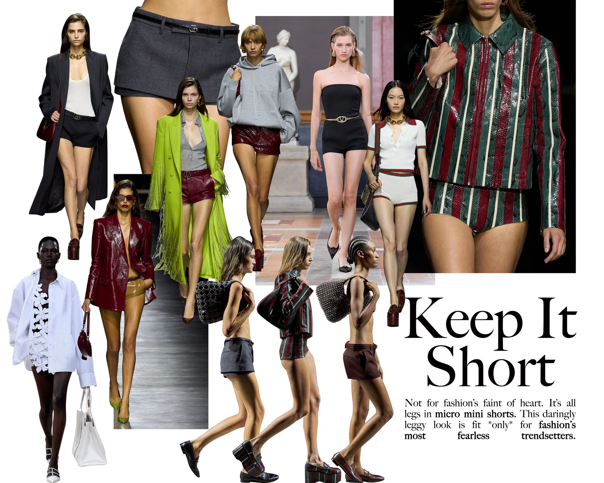 Collage of Runways looks with hot pants from Gucci, Valentino and others