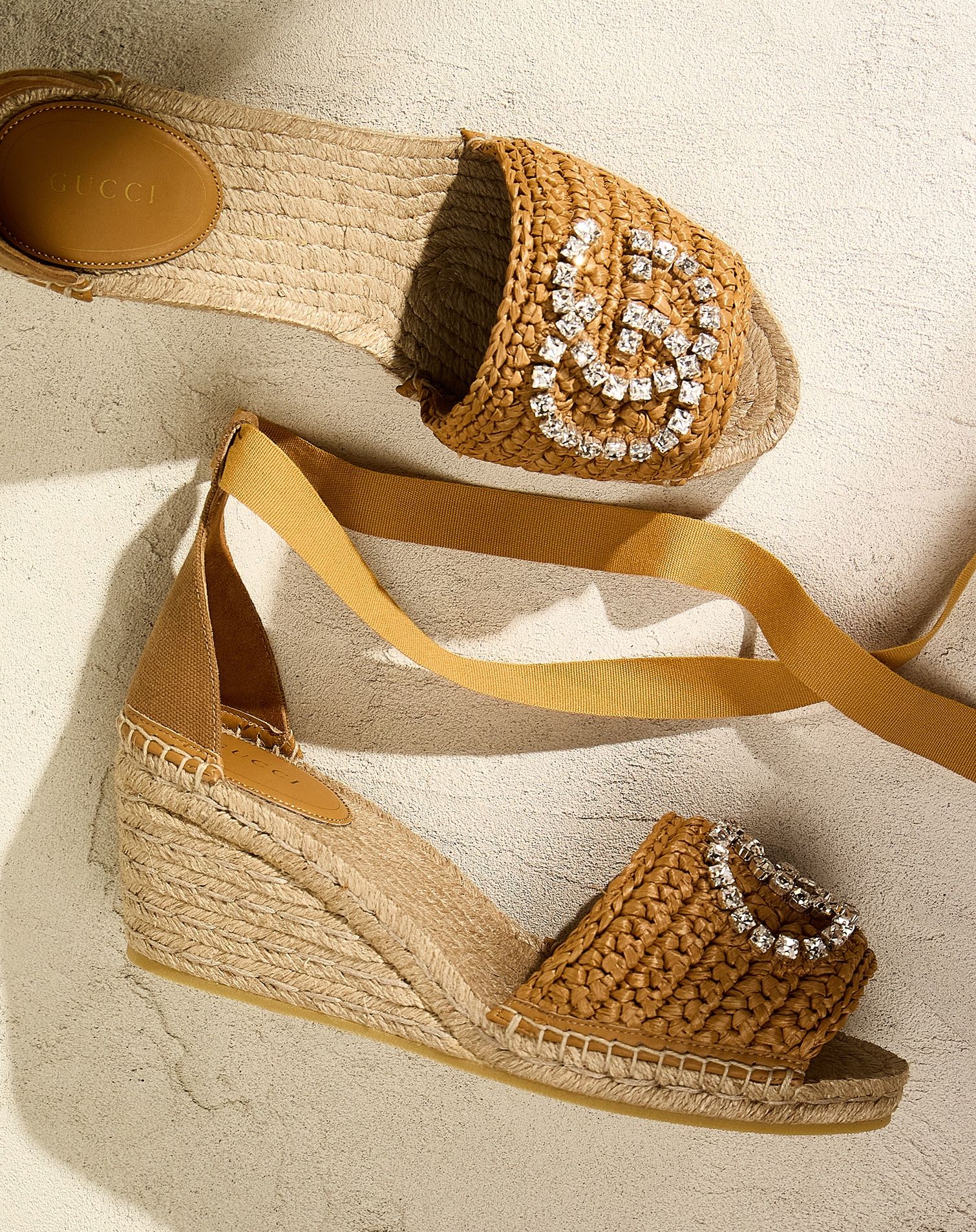 Gucci rafia strappy wedges with cristal logo detail