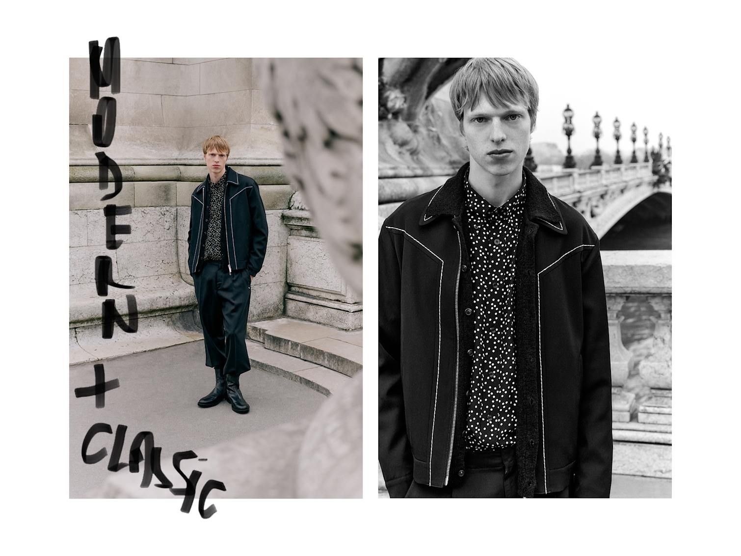 Man poses on bridge in Paris wearing Tom Ford shirt, Dsquared2 jacket, Our Legacy chino pants & Ann Demeuleemester boots.
