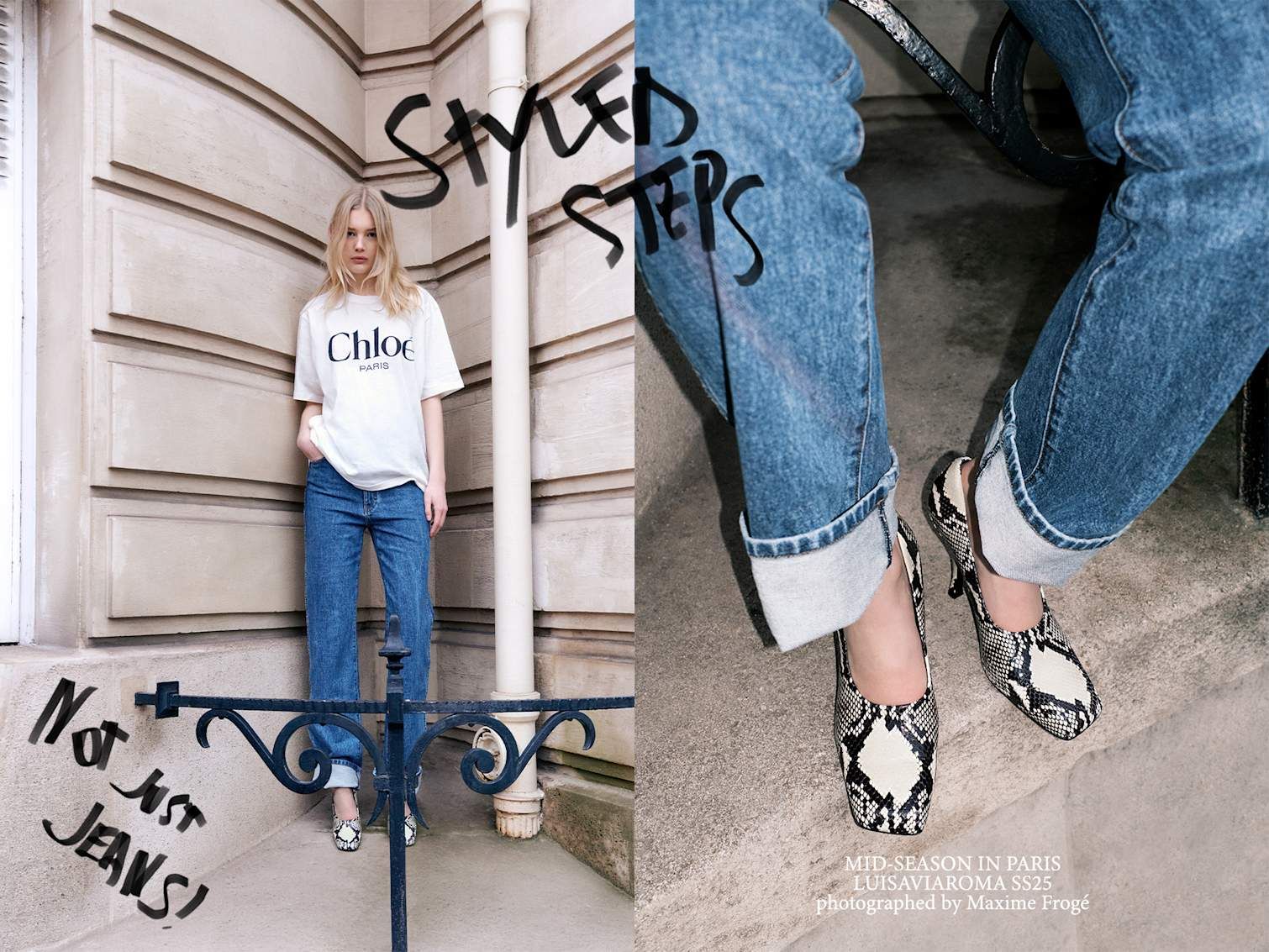 Women wearing Chloé logo jersey t-shirt with Khaite Danielle high rise straight jeans and Eva python embossed leather pumps.