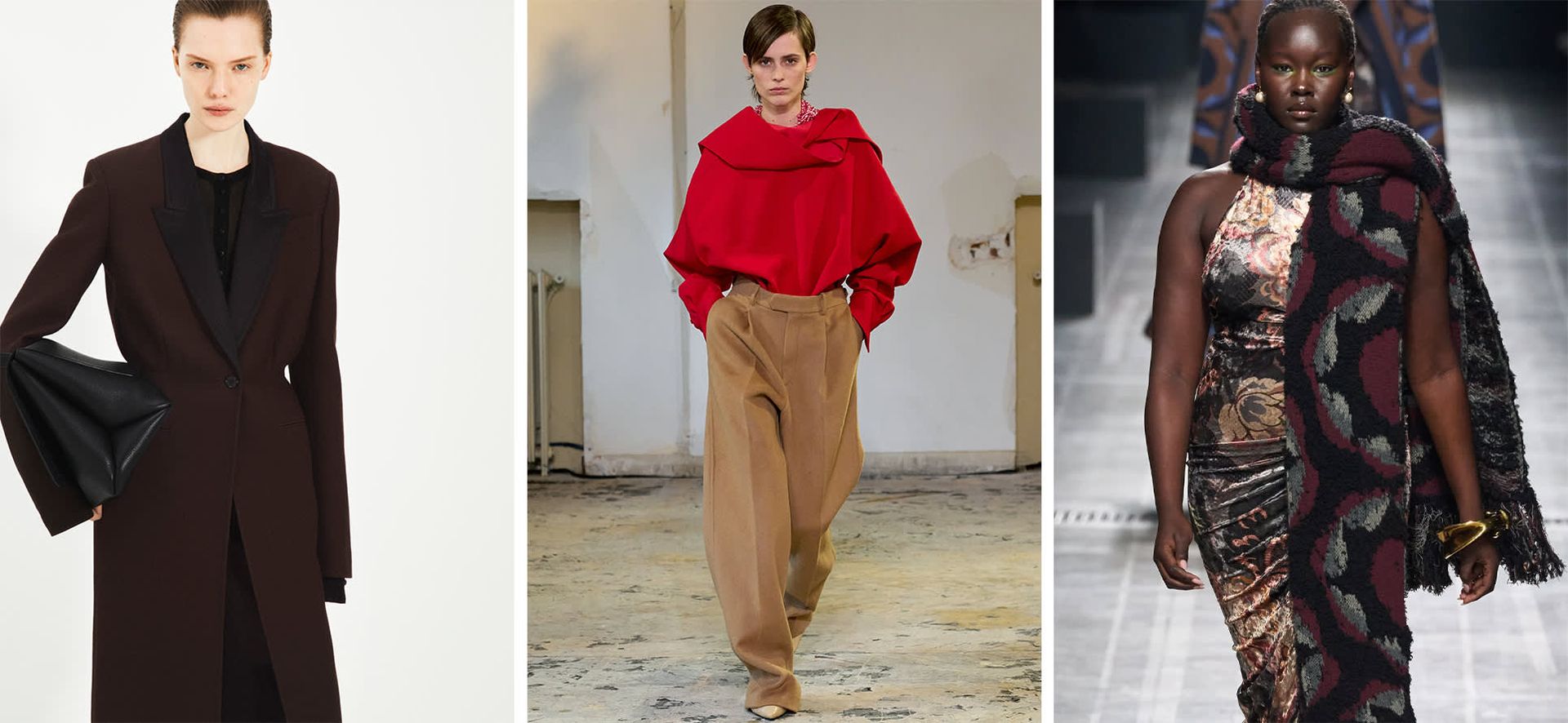 model wiht black coat and soft bag, deconstructed  red sweater wiith camel oversized pants, dress with down puffer scarf