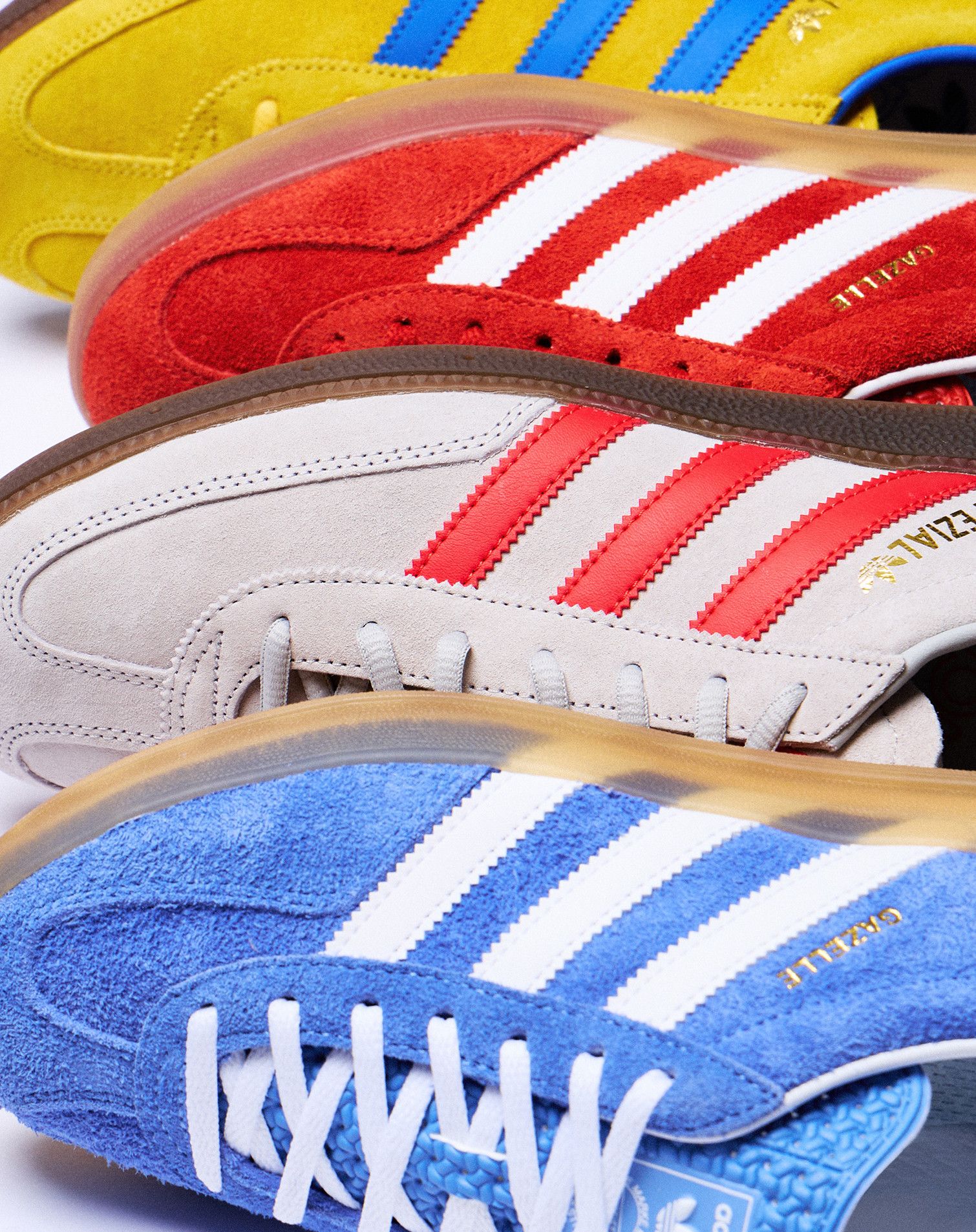 Four different colored adidas gazelles
