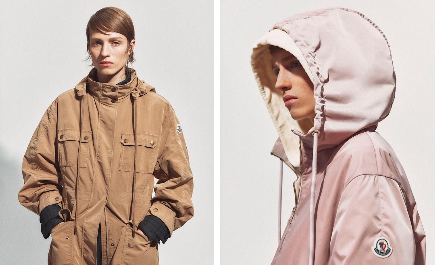 Model 1 wears beige jacket and model 2 wears pink jacket from Moncler SS 25 collection for Her