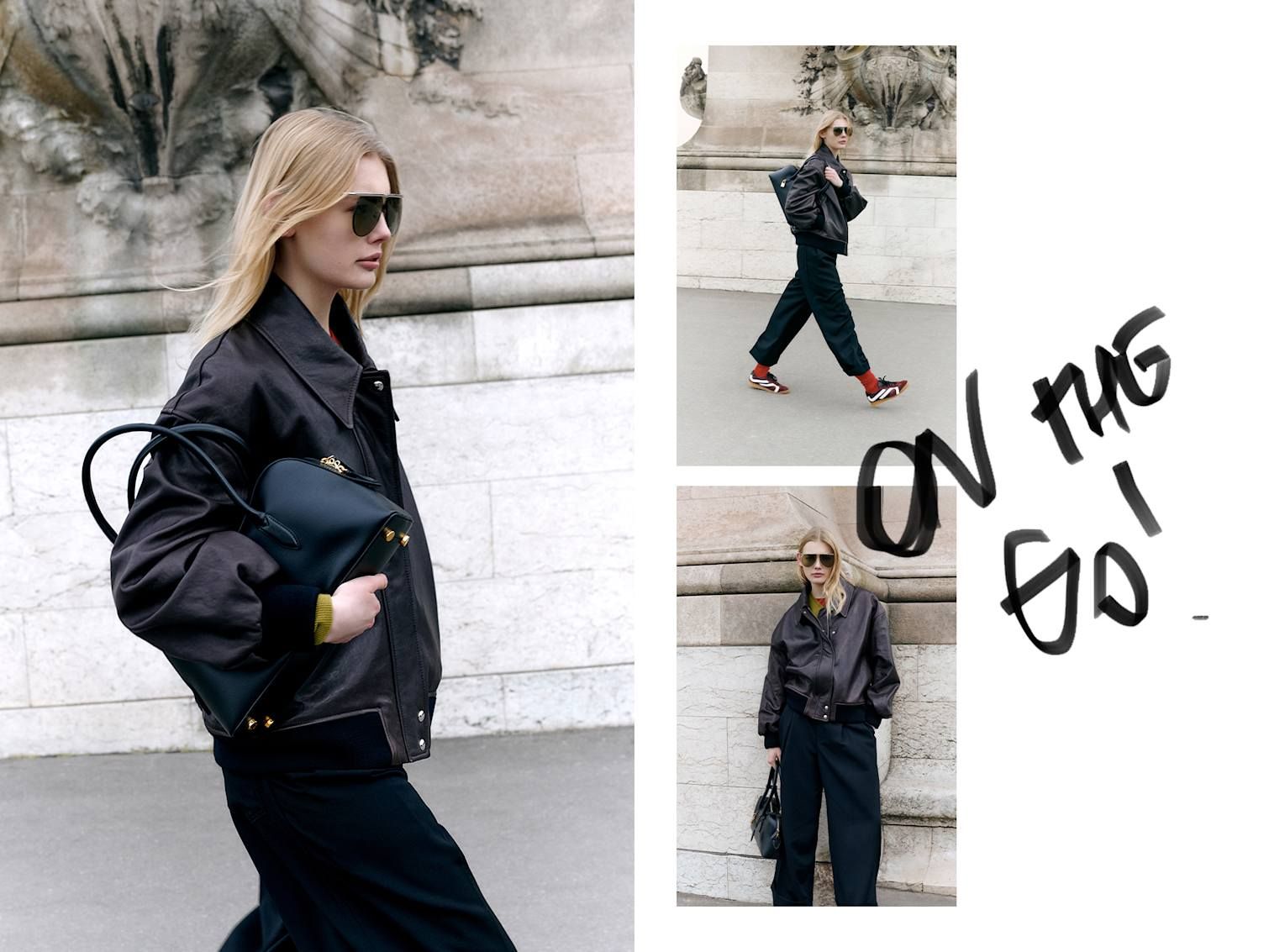 Girl walking through Paris wearing the Khaite leather jacket, Stella McCartney bag and Proenza Schouler sneakers.