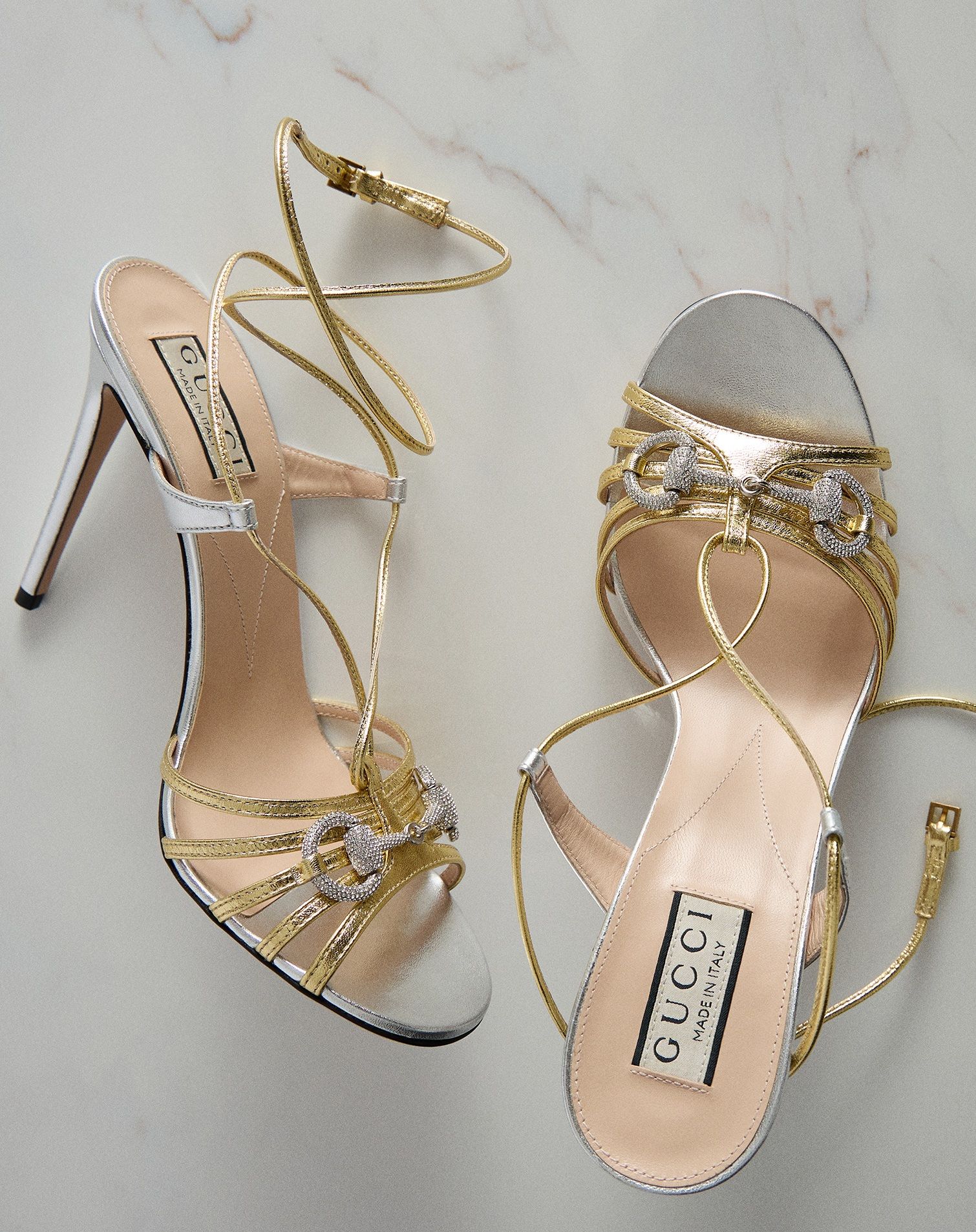 Gucci Silver & Gold Leather Strappy Sandals