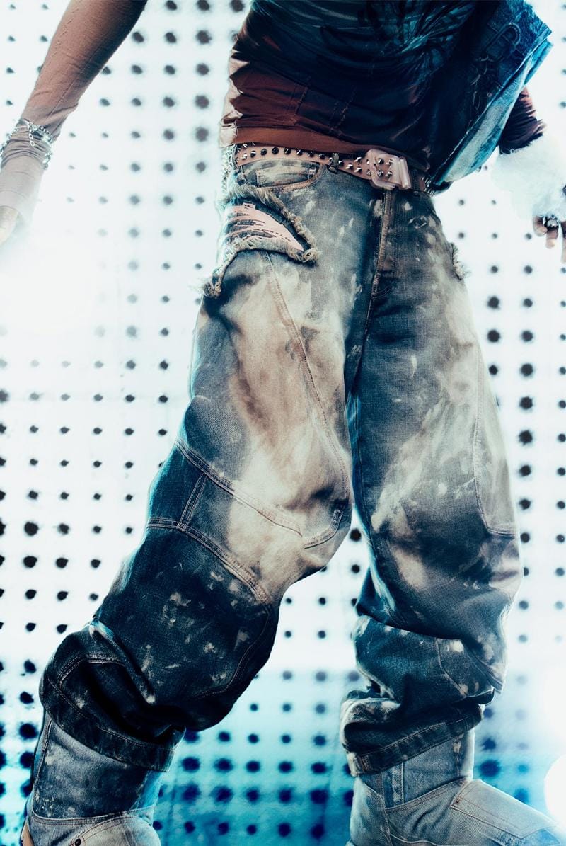Bleached and destroyed effect baggy jeans and denim print boots