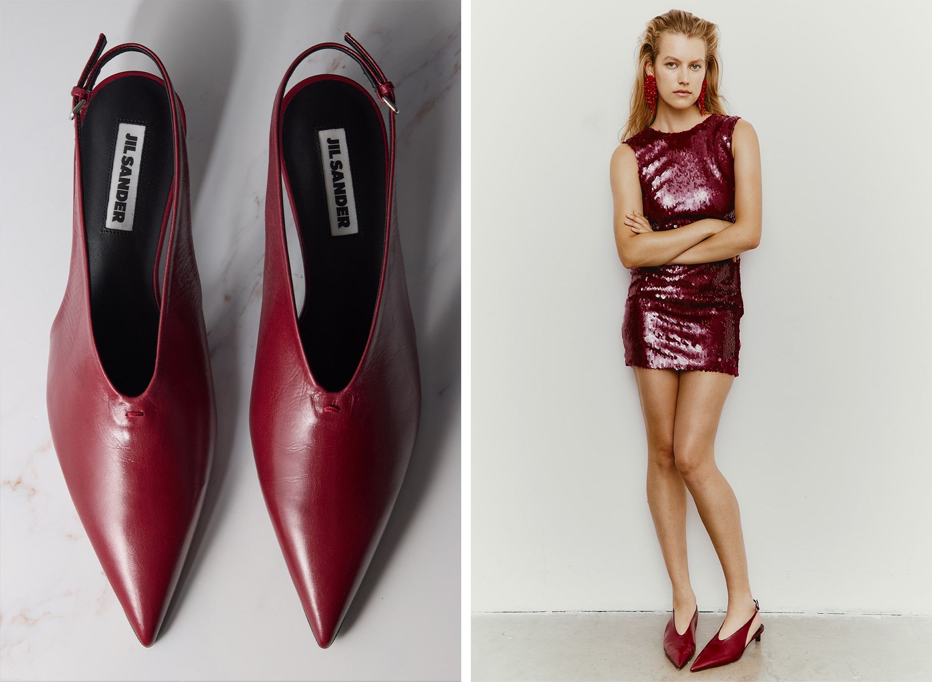 Model standing with crossed arms wears 16Arlington Ray sleeveless sequined mini dress, Isabel Marant Hanabi pendant earrings and Jil Sander 35mm Leather slingback heels, Close-up of Jil Sander pointy slingback heels in cherry red leather