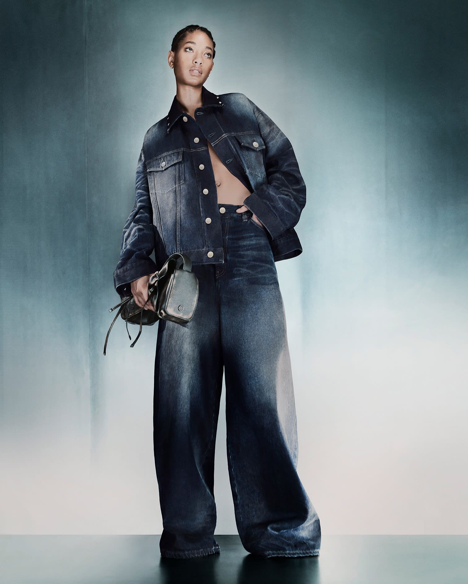Denim Jacket and Wide Jeans with Black Leather Bag