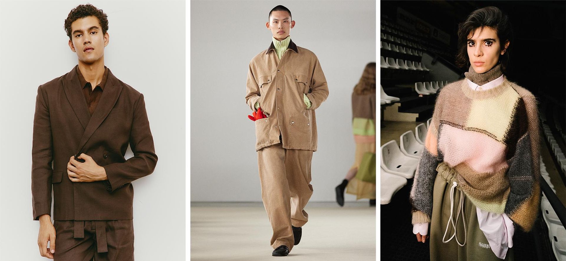 Man in brown linen suit from the brand Commas, Man in monochrome beige Auralee jacket and pants with a green sweater walking in a fashion show, Model wearing a multicolor wool sweater over a button-down shirt with olive green draw-cord sweatpants