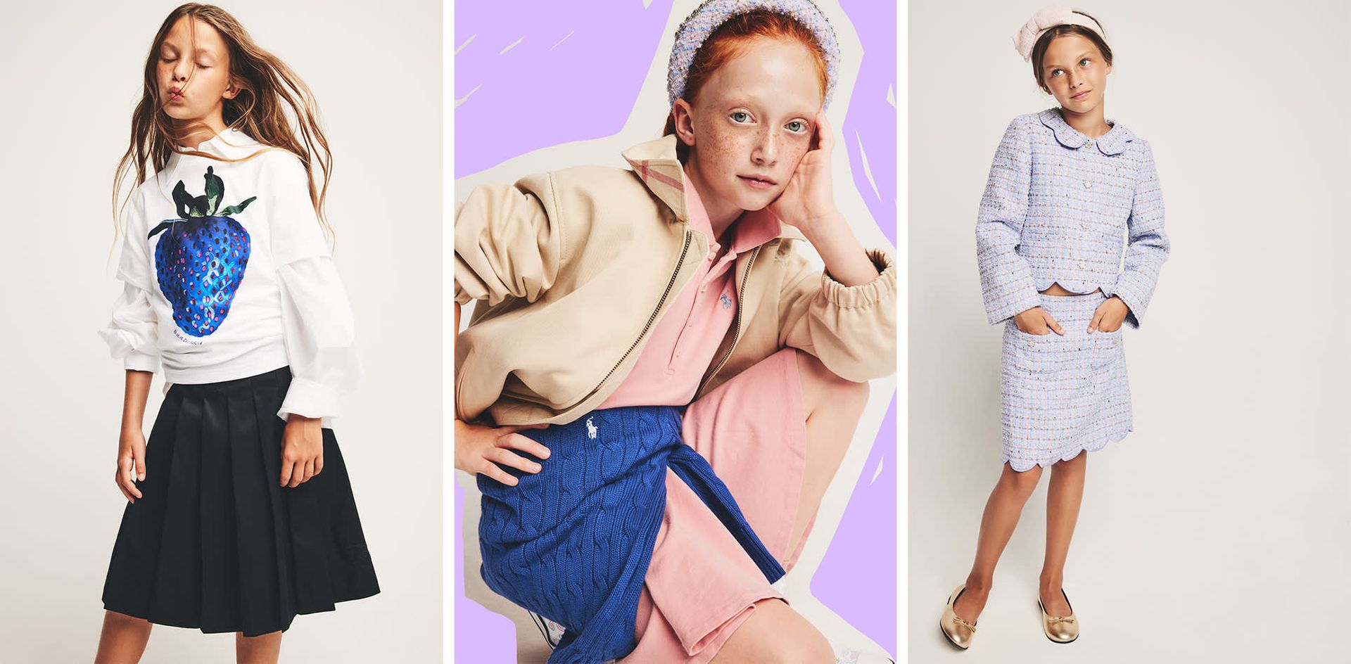Burberry printed cotton jersey t-shirt, Burberry pleated cotton lyocell skirt, MM6 Maison Margiela cotton poplin shirt, Polo Ralph Lauren stretch cotton piquet polo dress, Polo Ralph Lauren embroidered logo wool knit sweater, Burberry cotton blend jacket, Converse printed cotton canvas sneakers, Self-Portrait bouclé cropped jacket, Self-Portrait bouclé mini skirt, Self-Portrait bouclé headband w/bow appliqué, Versace metallic leather ballerinas w/bow