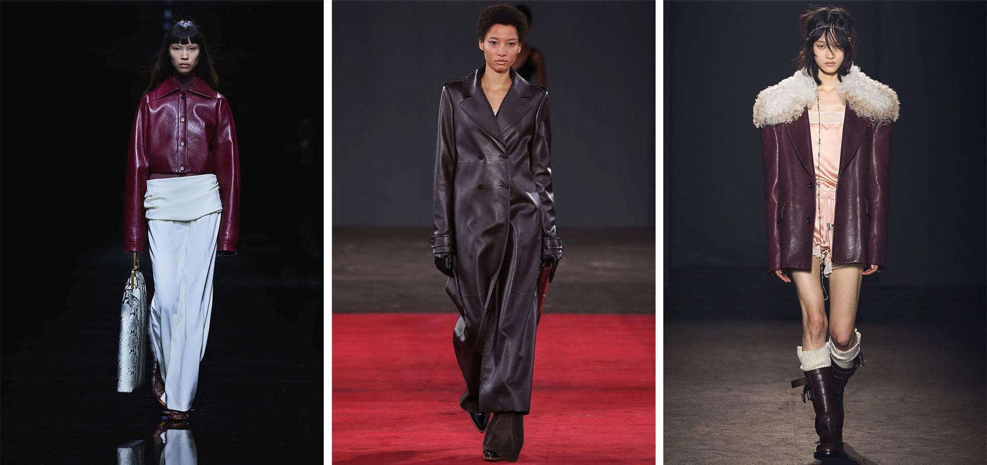Collage of 3 runway images of models wearing various leather jackets on the runway. Khaite FW24 red Sue leather jacket on runway