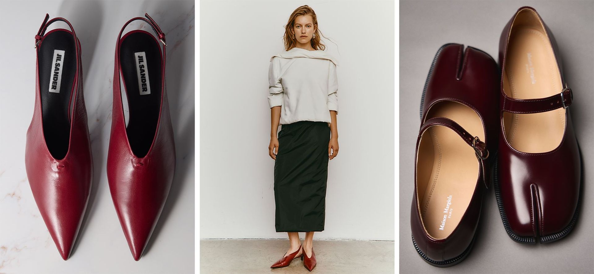 Jil Sander bordeaux slingback shoes, model with Jil sander shoes, Tabi ballerinas by Maison Margiella