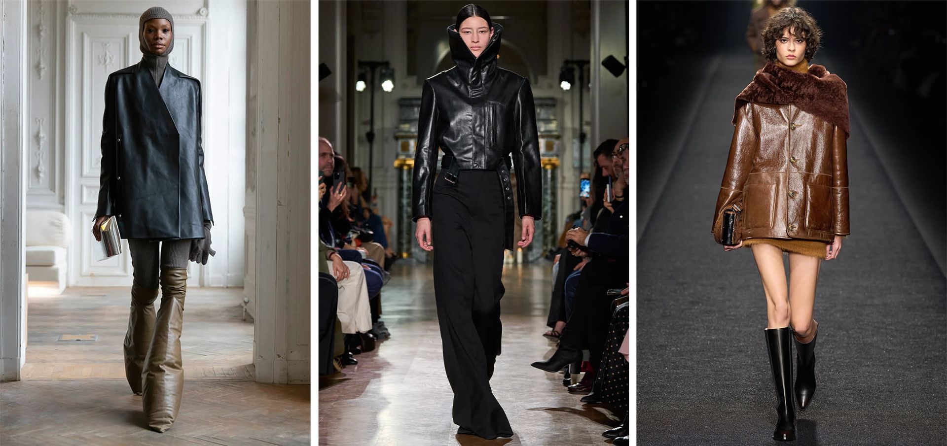 Collage of 3 runway images of models wearing various leather jackets on the runway