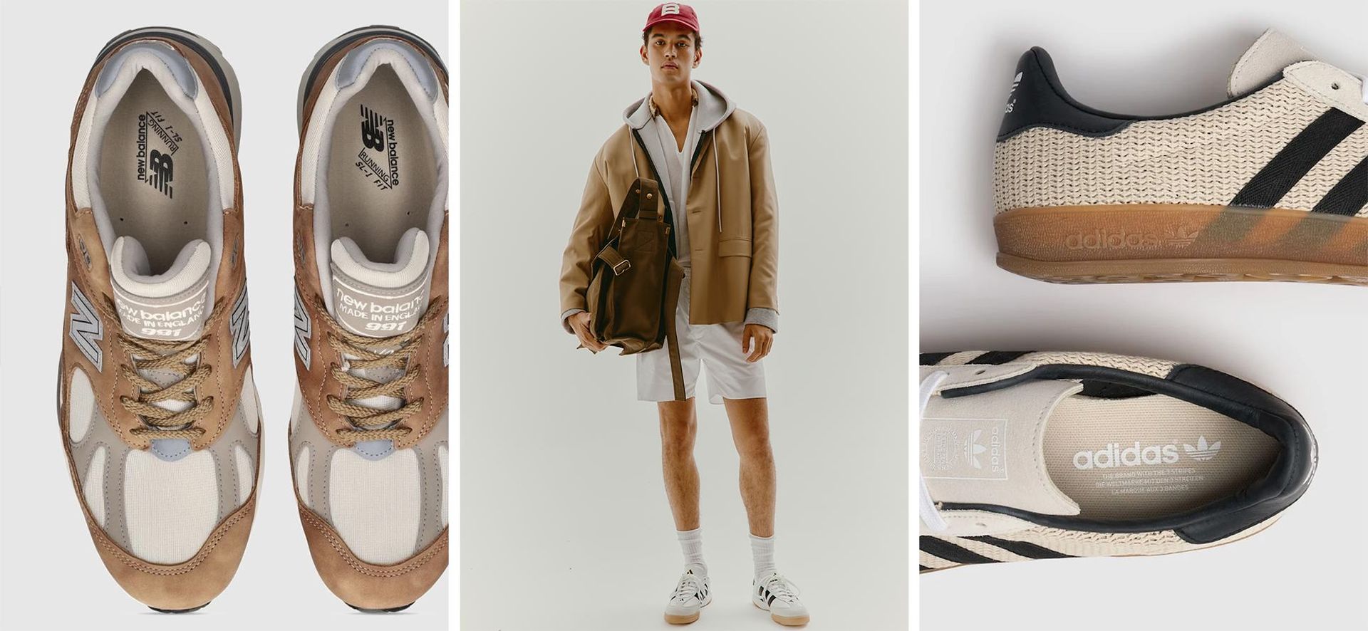 New balance sneakers, male model with sporty look, white linen adidas Gazelle
