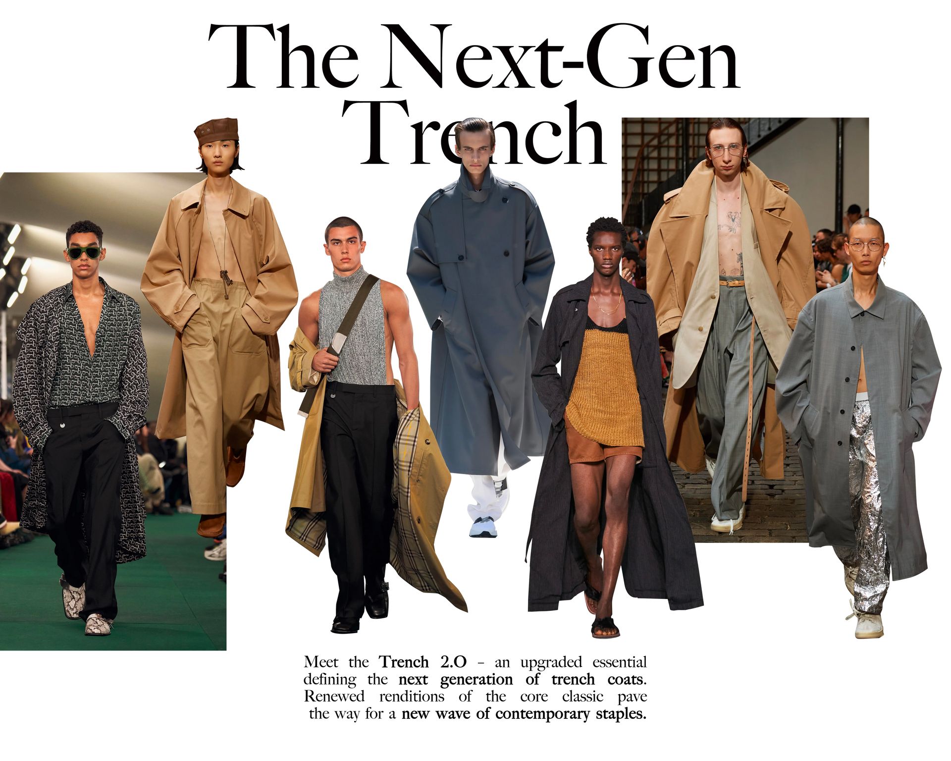 Collage of trench coats outfits for men on runways