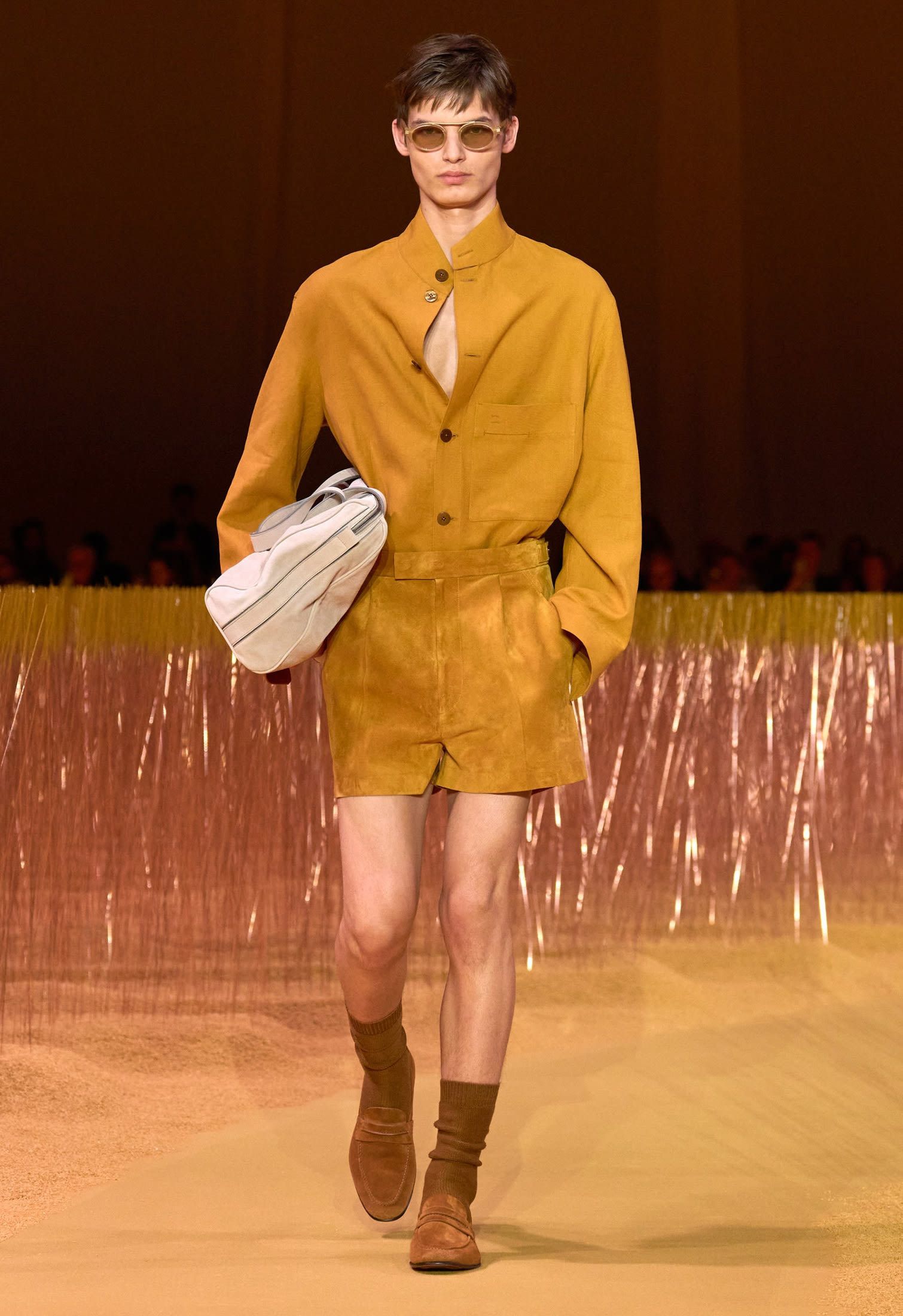 Male model with mustard outfit and suede loafers