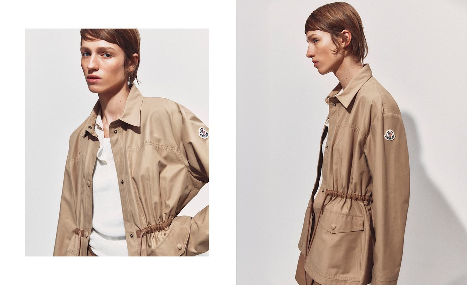 Model wearing a beige jacket from the Moncler SS 25 collection for Her
